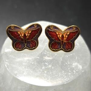 Butterfly Cloisonne Enamel Post Back Earrings Vintage Goldtone
